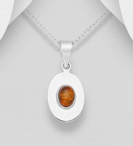 925 Sterling Silver Stone Set Oval Pendant, Decorated with Baltic Amber